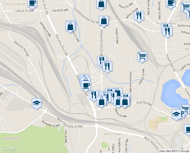 map of restaurants, bars, coffee shops, grocery stores, and more near 1362 Rietveld Row Northwest in Atlanta