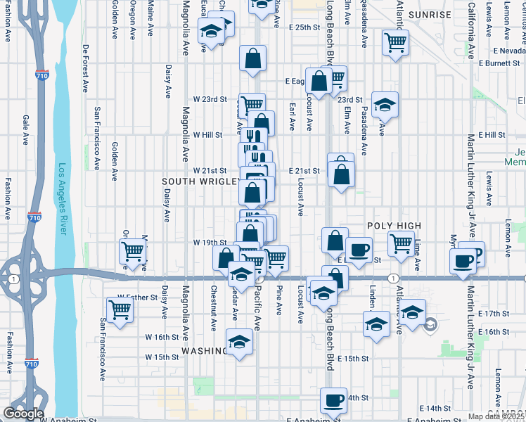 map of restaurants, bars, coffee shops, grocery stores, and more near 1990 Pacific Avenue in Long Beach