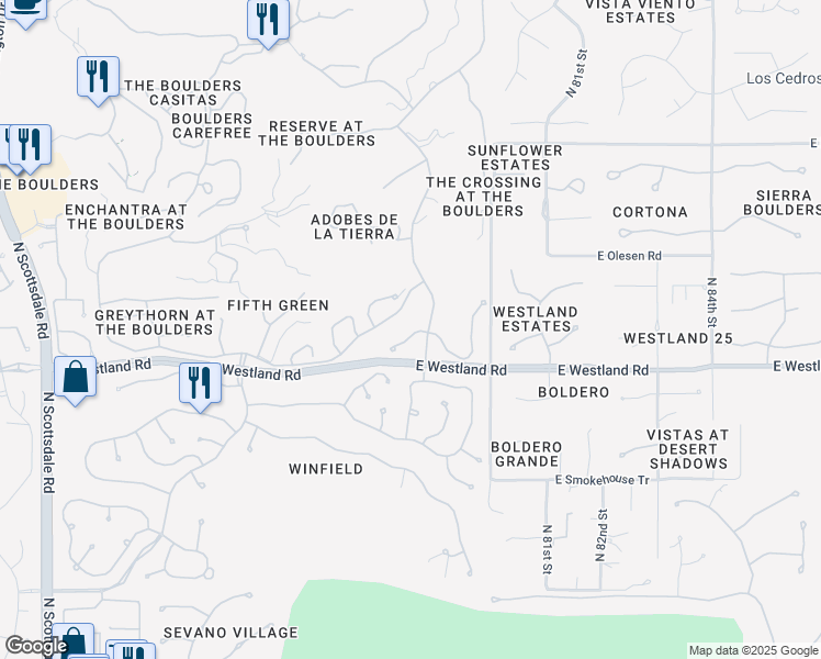 map of restaurants, bars, coffee shops, grocery stores, and more near 7872 East Thorntree Drive in Scottsdale