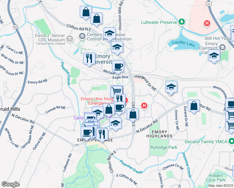 map of restaurants, bars, coffee shops, grocery stores, and more near 4 Eagle Row in Atlanta