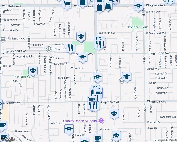 map of restaurants, bars, coffee shops, grocery stores, and more near 10952 Vickers Drive in Garden Grove