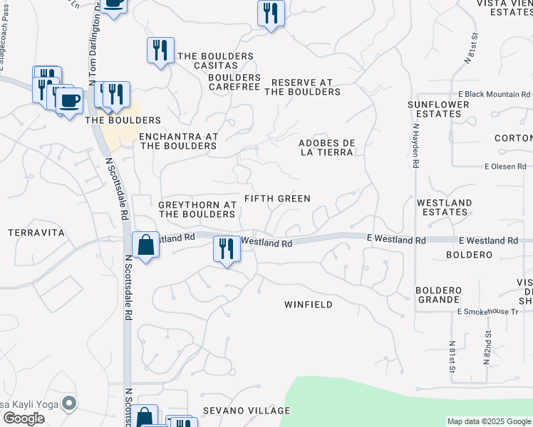 map of restaurants, bars, coffee shops, grocery stores, and more near 7500 East Boulders Parkway in Scottsdale