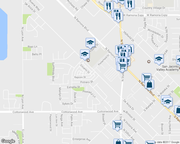 map of restaurants, bars, coffee shops, grocery stores, and more near 1009 Encanto Drive in San Jacinto