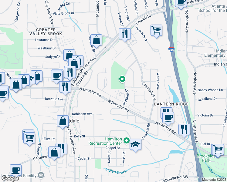 map of restaurants, bars, coffee shops, grocery stores, and more near 3220 Mills Creek Circle in Scottdale