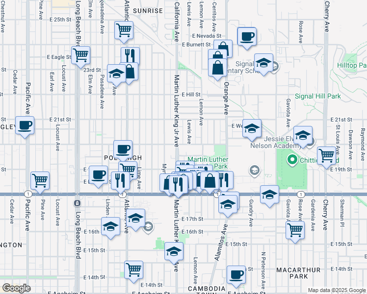 map of restaurants, bars, coffee shops, grocery stores, and more near 1020 East 20th Street in Long Beach