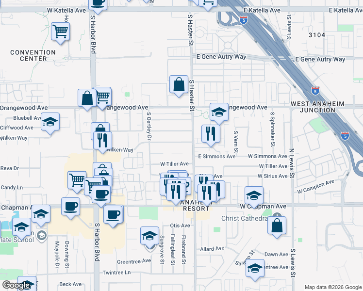 map of restaurants, bars, coffee shops, grocery stores, and more near 122 W Wilken Way in Anaheim