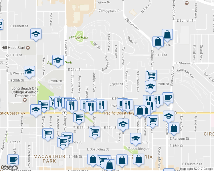 map of restaurants, bars, coffee shops, grocery stores, and more near 1995 Molino Avenue in Signal Hill