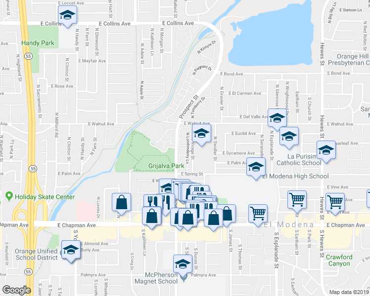 map of restaurants, bars, coffee shops, grocery stores, and more near 3331 East Carnegie Lane in Orange