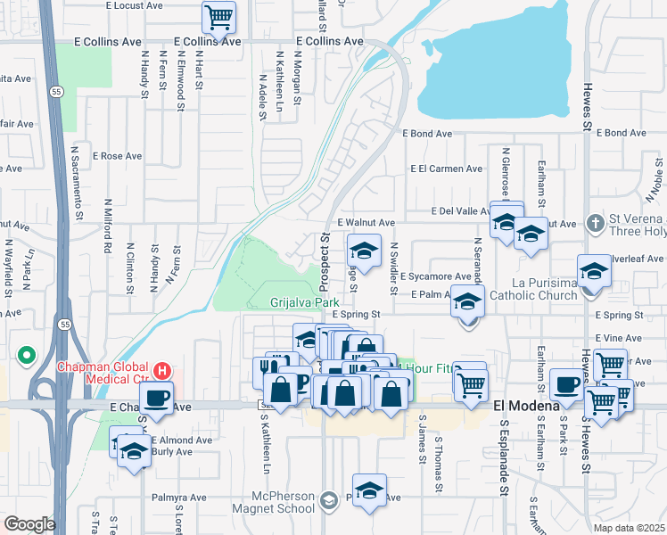 map of restaurants, bars, coffee shops, grocery stores, and more near 3331 East Carnegie Lane in Orange
