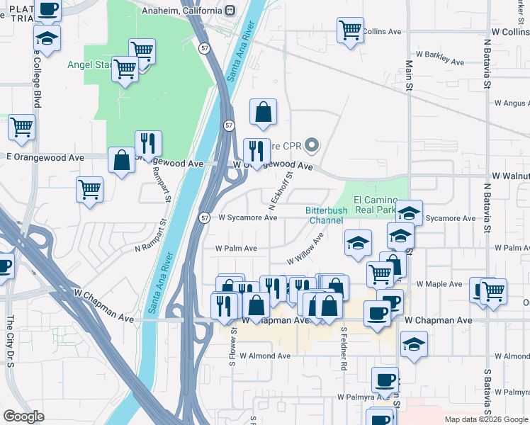 map of restaurants, bars, coffee shops, grocery stores, and more near 417 North Flower Street in Orange