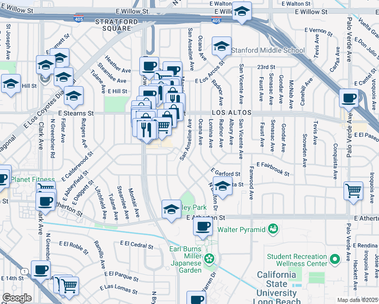 map of restaurants, bars, coffee shops, grocery stores, and more near 2109 San Anseline Avenue in Long Beach