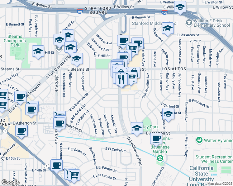 map of restaurants, bars, coffee shops, grocery stores, and more near 5451 East Daggett Street in Long Beach
