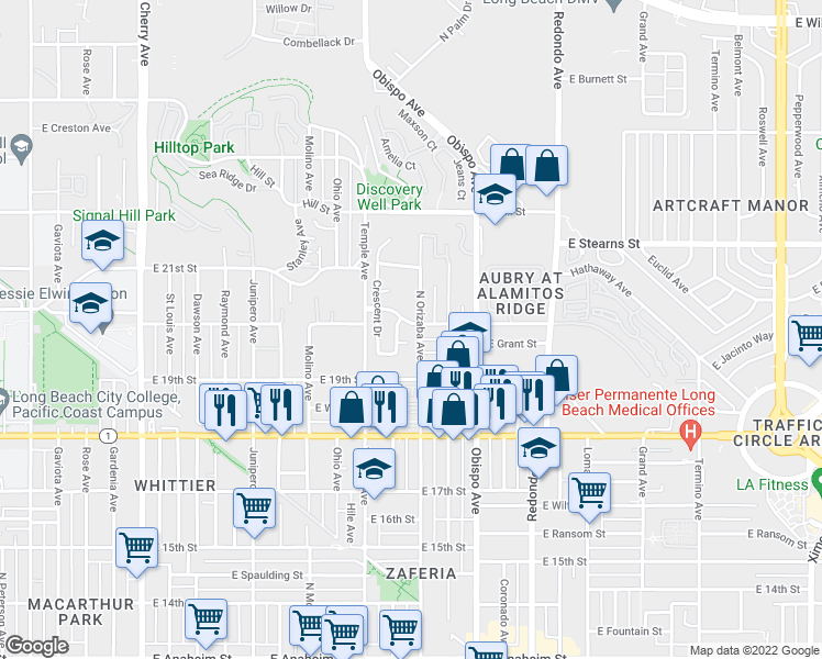 map of restaurants, bars, coffee shops, grocery stores, and more near 2000 Orizaba Avenue in Signal Hill