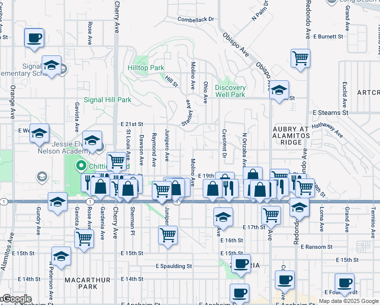 map of restaurants, bars, coffee shops, grocery stores, and more near 2001 Molino Avenue in Signal Hill