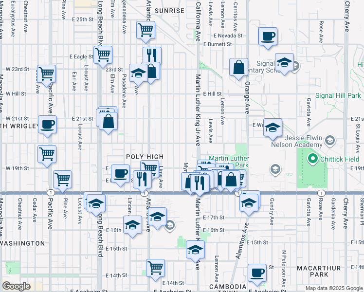 map of restaurants, bars, coffee shops, grocery stores, and more near 830 East 20th Street in Long Beach