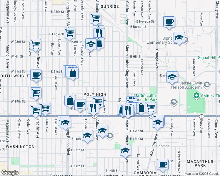 map of restaurants, bars, coffee shops, grocery stores, and more near 1998 East 20th Street in Long Beach