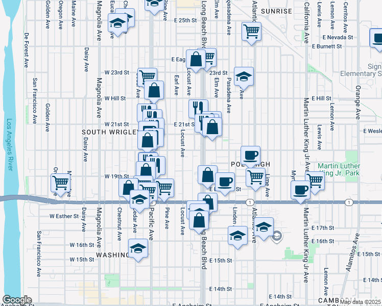 map of restaurants, bars, coffee shops, grocery stores, and more near 202 East 20th Street in Long Beach