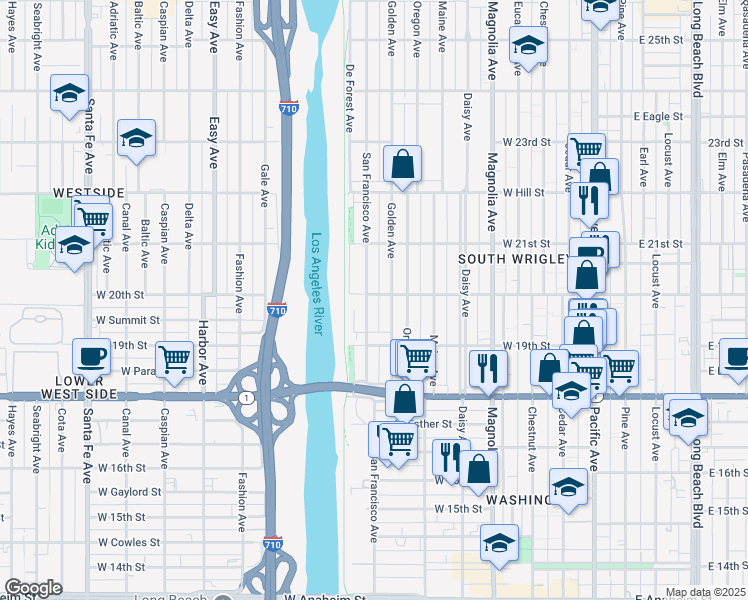 map of restaurants, bars, coffee shops, grocery stores, and more near 855 West 20th Street in Long Beach