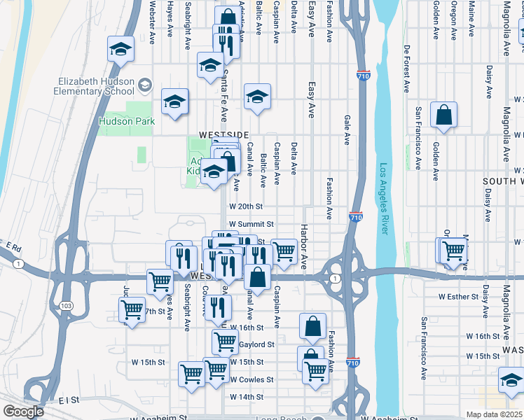 map of restaurants, bars, coffee shops, grocery stores, and more near 1552 West 20th Street in Long Beach