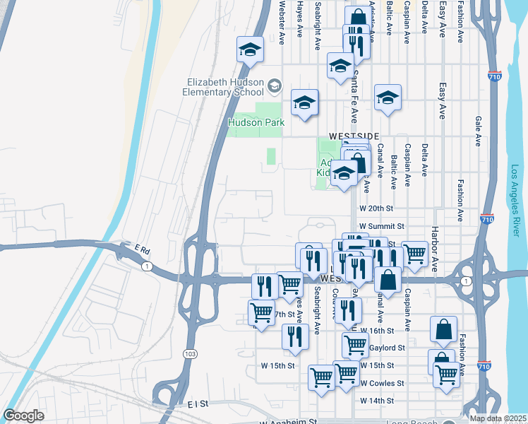 map of restaurants, bars, coffee shops, grocery stores, and more near 2121 West Williams Street in Long Beach