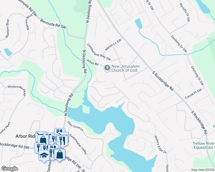 map of restaurants, bars, coffee shops, grocery stores, and more near 640 Cobblestone Lane in Stone Mountain