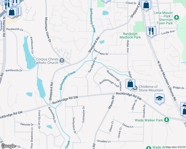 map of restaurants, bars, coffee shops, grocery stores, and more near 594 Rockborough Drive in Stone Mountain