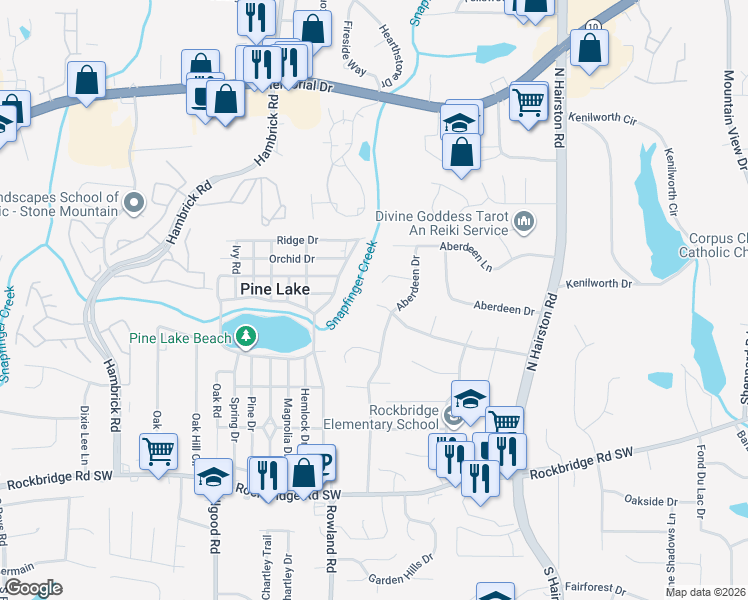 map of restaurants, bars, coffee shops, grocery stores, and more near 623 Spruce Drive in Pine Lake