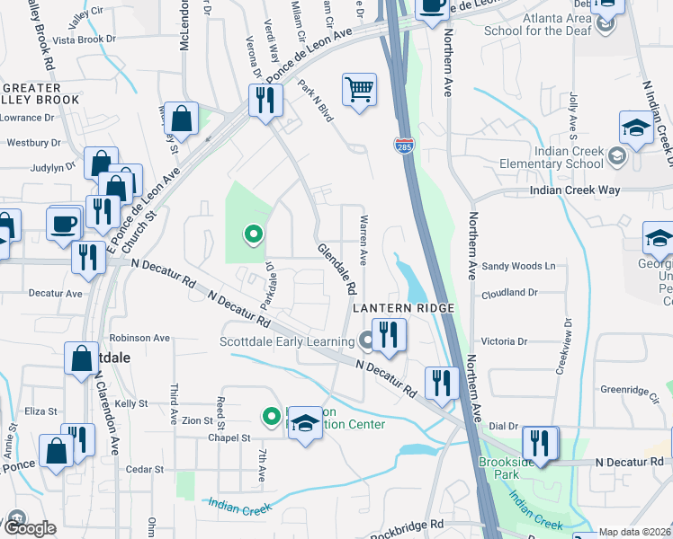 map of restaurants, bars, coffee shops, grocery stores, and more near 3399 Tobie Circle in Scottdale