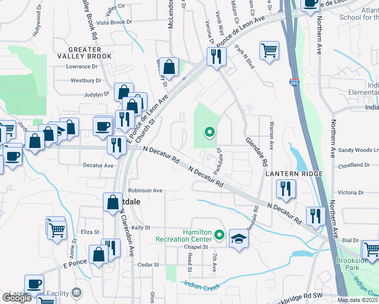 map of restaurants, bars, coffee shops, grocery stores, and more near 3220 Mills Creek Circle in Scottdale