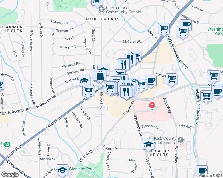 map of restaurants, bars, coffee shops, grocery stores, and more near 591 Scott Boulevard in Decatur