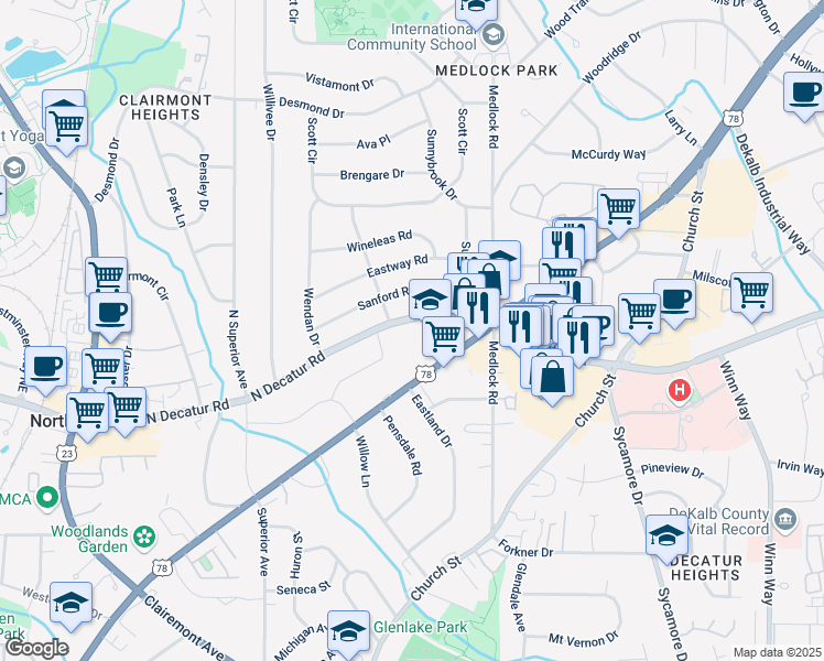 map of restaurants, bars, coffee shops, grocery stores, and more near 2437 North Decatur Road in Decatur