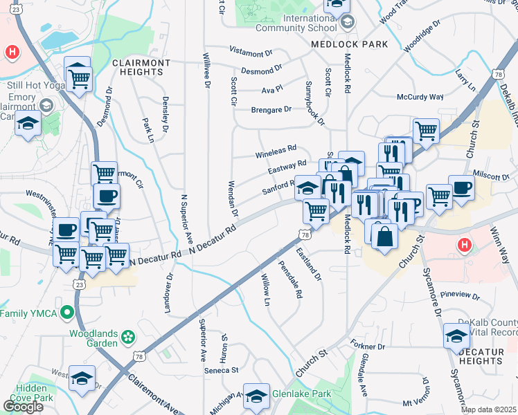 map of restaurants, bars, coffee shops, grocery stores, and more near 2386 North Decatur Road in Decatur