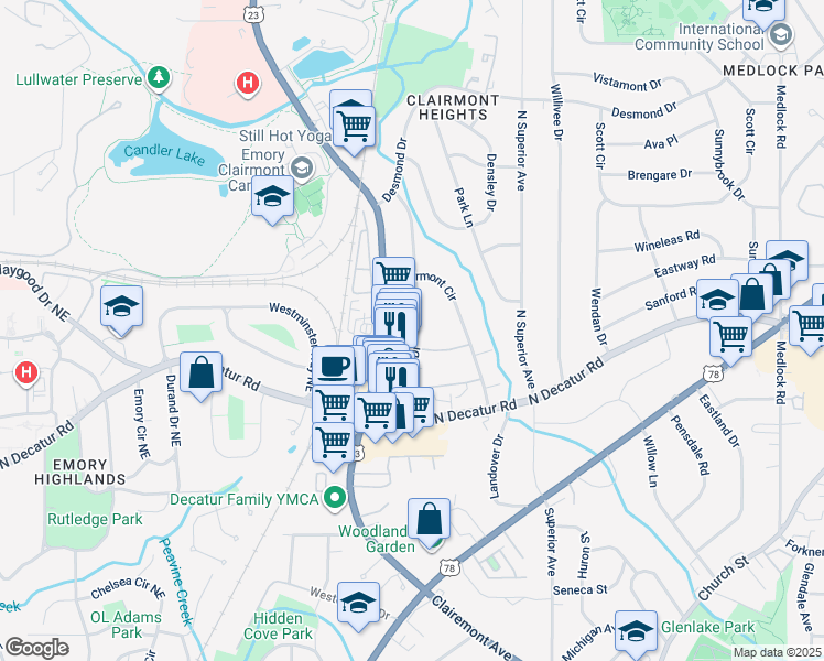 map of restaurants, bars, coffee shops, grocery stores, and more near 585 Emory Oaks Way in Decatur