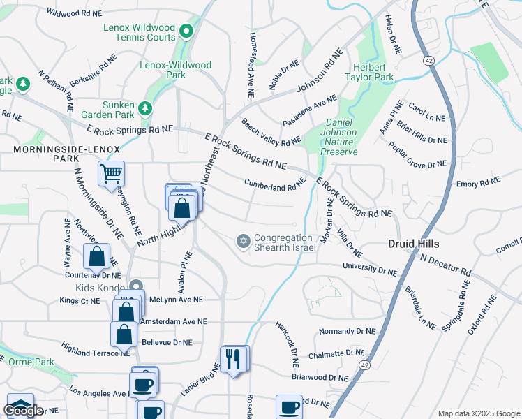map of restaurants, bars, coffee shops, grocery stores, and more near 1211 Reeder Circle Northeast in Atlanta