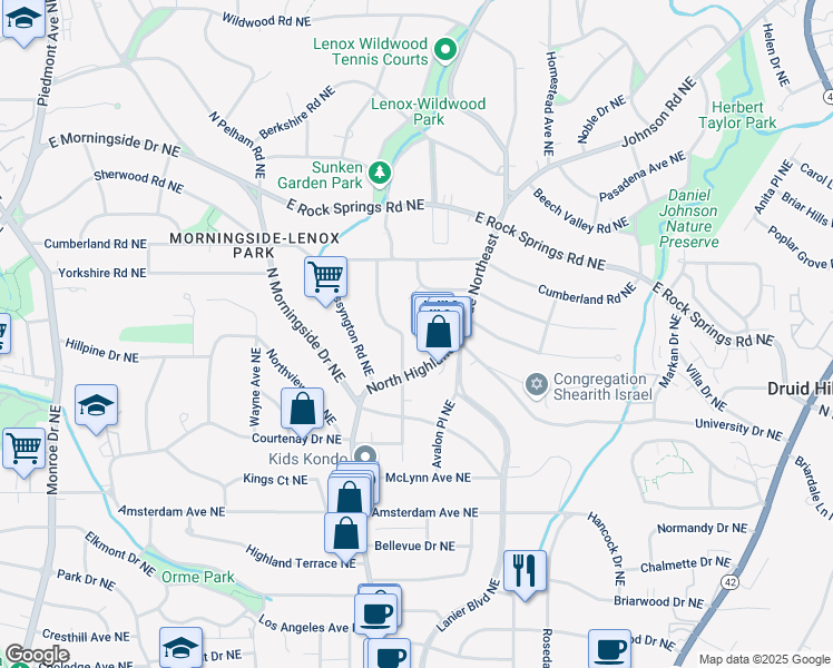 map of restaurants, bars, coffee shops, grocery stores, and more near 1413 Lanier Place Northeast in Atlanta