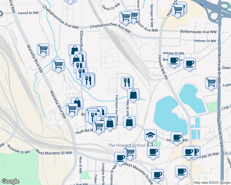 map of restaurants, bars, coffee shops, grocery stores, and more near 1436 Fairmont Avenue Northwest in Atlanta