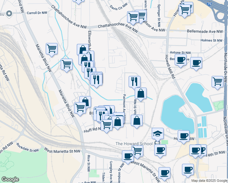 map of restaurants, bars, coffee shops, grocery stores, and more near 1420 Coretta Bend Northwest in Atlanta