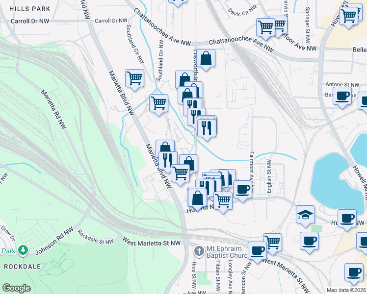 map of restaurants, bars, coffee shops, grocery stores, and more near 1362 Rietveld Row Northwest in Atlanta