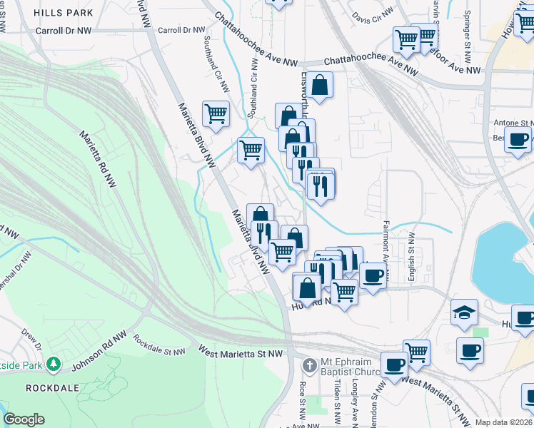 map of restaurants, bars, coffee shops, grocery stores, and more near 1370 Stirling Circle Northwest in Atlanta