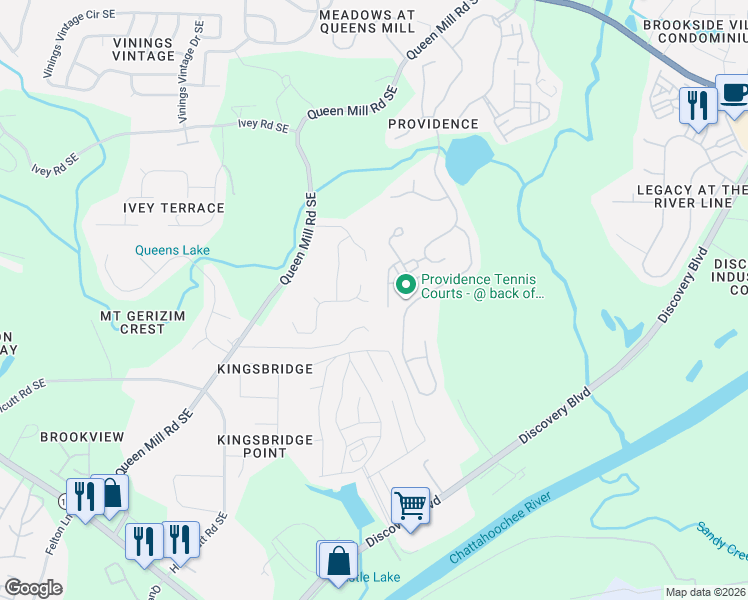 map of restaurants, bars, coffee shops, grocery stores, and more near 736 Wexford Cove Way in Mableton