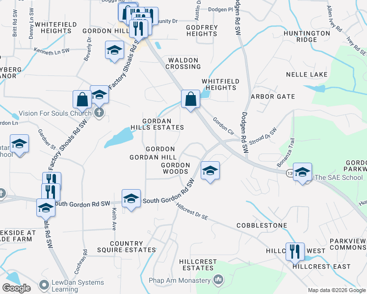 map of restaurants, bars, coffee shops, grocery stores, and more near 6571 Gordon Hills Drive Southwest in Mableton