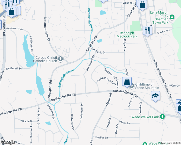 map of restaurants, bars, coffee shops, grocery stores, and more near 594 Rockborough Drive in Stone Mountain