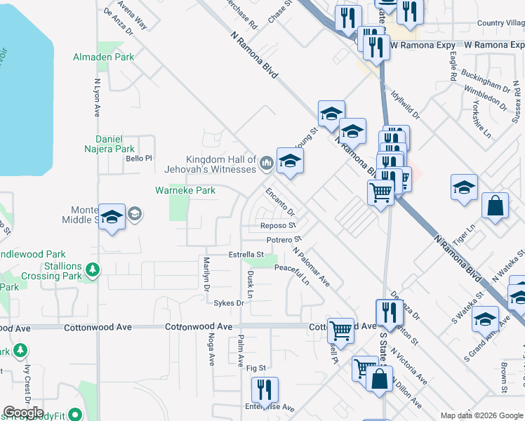 map of restaurants, bars, coffee shops, grocery stores, and more near 457 Camino Corto in San Jacinto