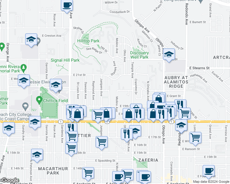 map of restaurants, bars, coffee shops, grocery stores, and more near 1995 Molino Avenue in Signal Hill