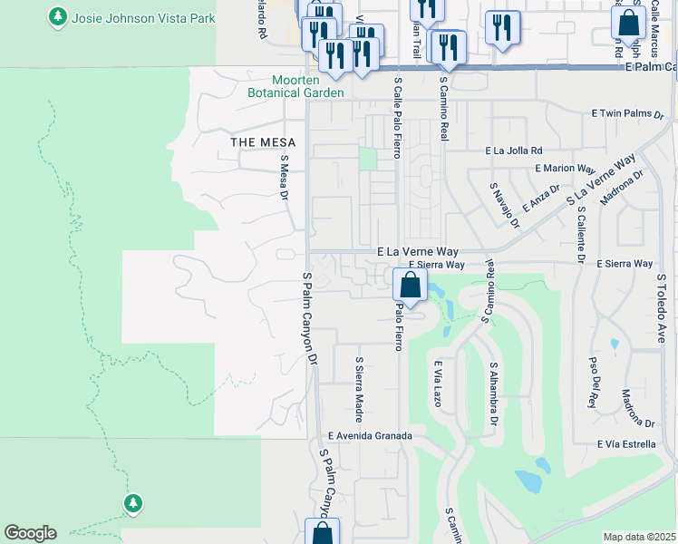 map of restaurants, bars, coffee shops, grocery stores, and more near 241 East La Verne Way in Palm Springs