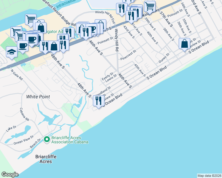 map of restaurants, bars, coffee shops, grocery stores, and more near 307 47th Avenue South in North Myrtle Beach