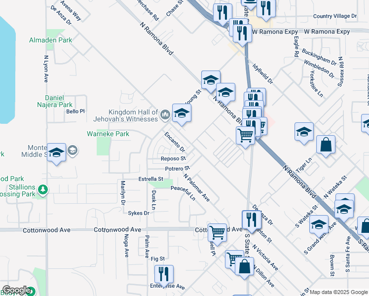 map of restaurants, bars, coffee shops, grocery stores, and more near 1009 Encanto Drive in San Jacinto