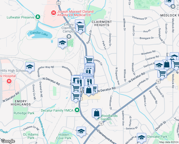 map of restaurants, bars, coffee shops, grocery stores, and more near 582 Emory Oaks Way in Decatur