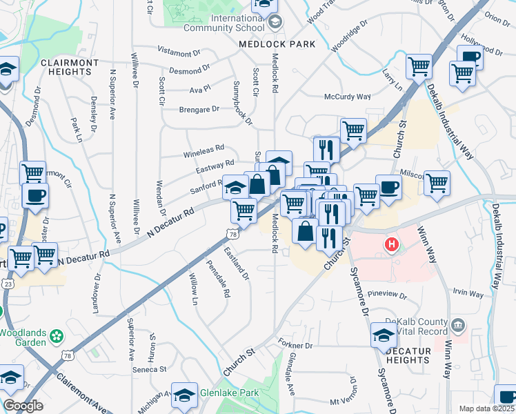 map of restaurants, bars, coffee shops, grocery stores, and more near 1486 Scott Boulevard in Decatur