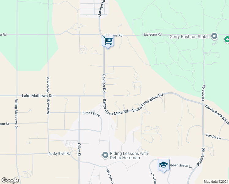 map of restaurants, bars, coffee shops, grocery stores, and more near 22450 Gavilan Road in Perris